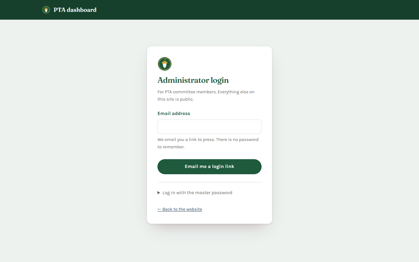 The committee login page, which asks for an email address and sends a login link instead of using a password.