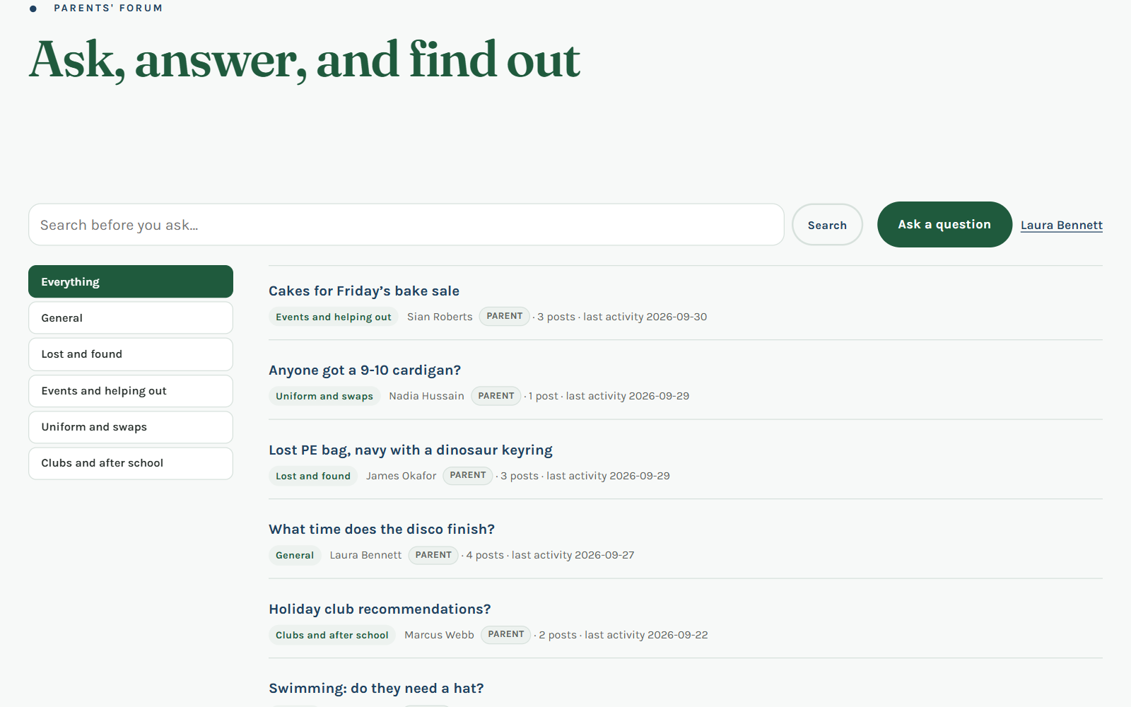 The parents' forum, with questions sorted into topics like uniform, lost and found, and clubs.